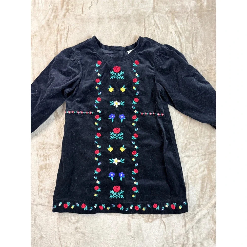 Hanna Andersson Toddler Girls Black Velvet‎ Embroidered Floral Tunic Dress US 3